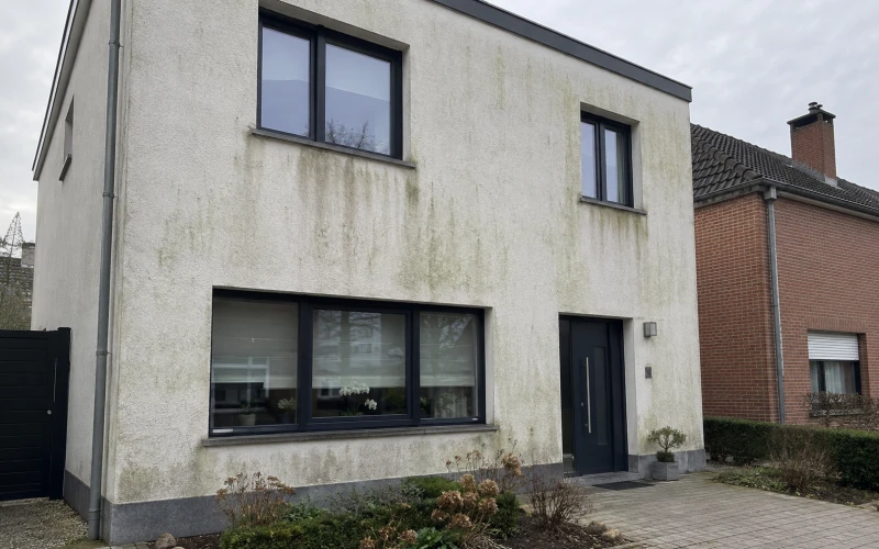 Crepigevel van een woning voor reiniging, met groene aanslag en vervuiling