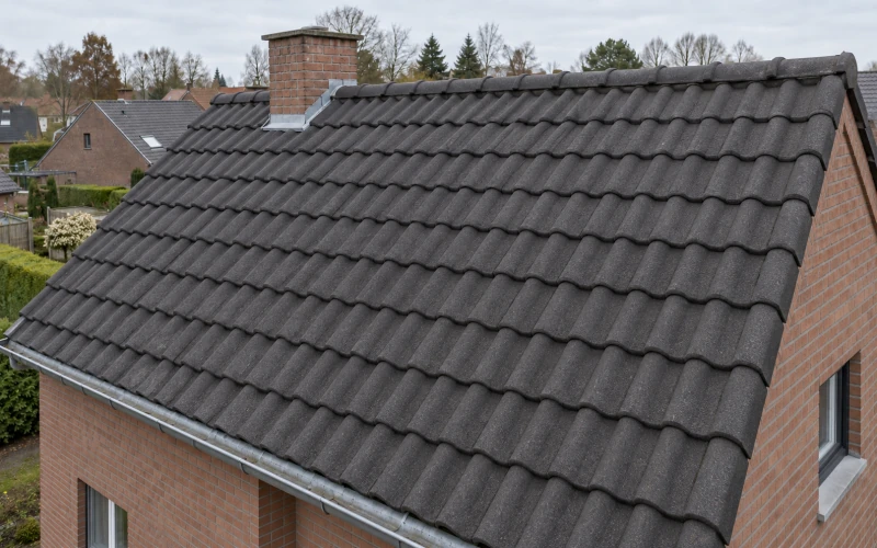 Hetzelfde dak na ontmossen en matte coating, vanuit een iets ander standpunt