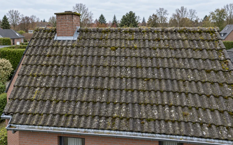 Pannendak vol mos en groene aanslag, voor de behandeling