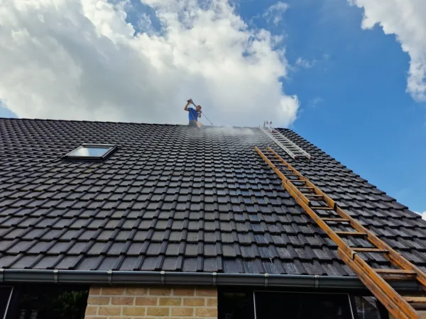 Medewerker reinigt een donker pannendak, met een ladder langs de dakrand