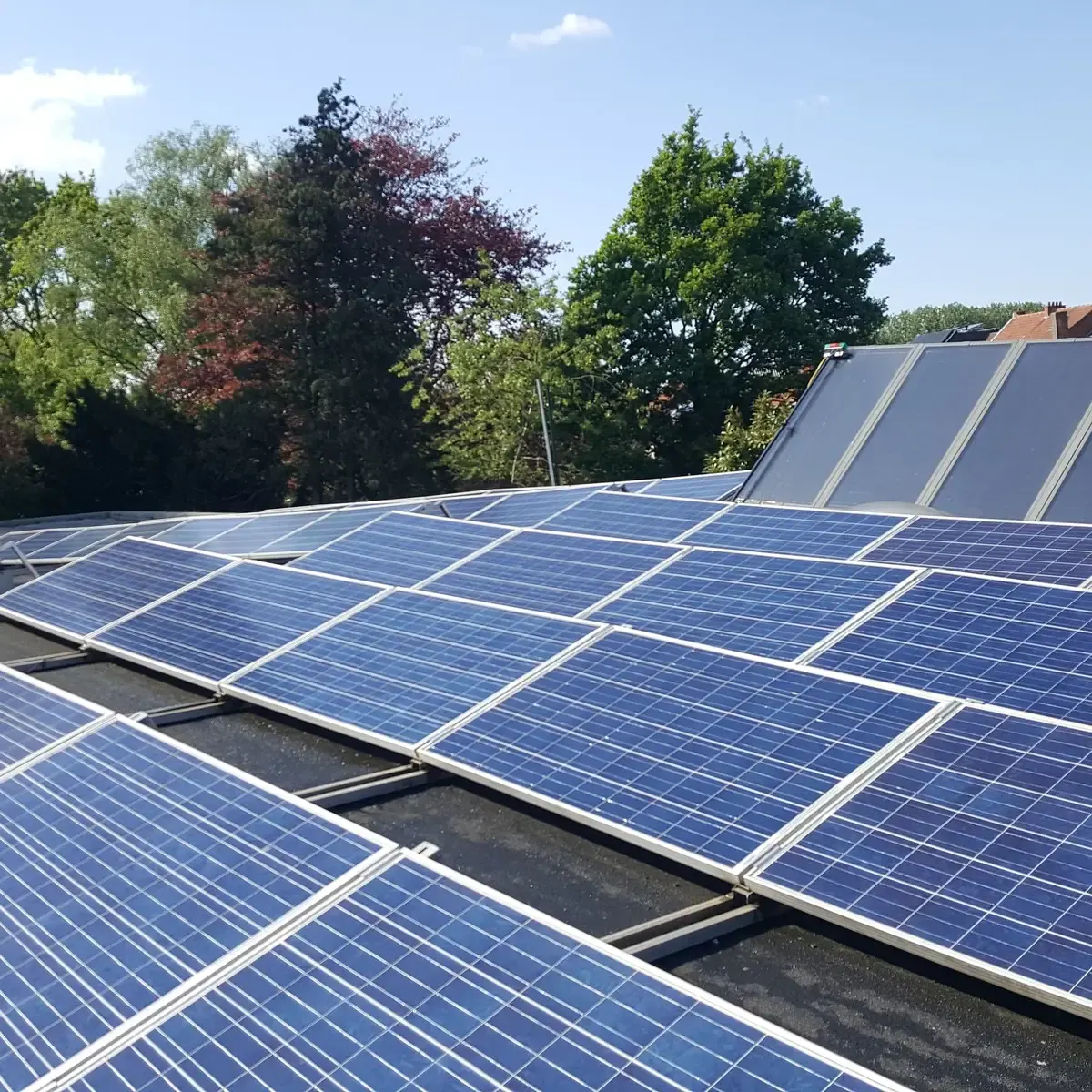 Zonnepanelen op het dak van een bedrijfsgebouw in Boechout na de reiniging